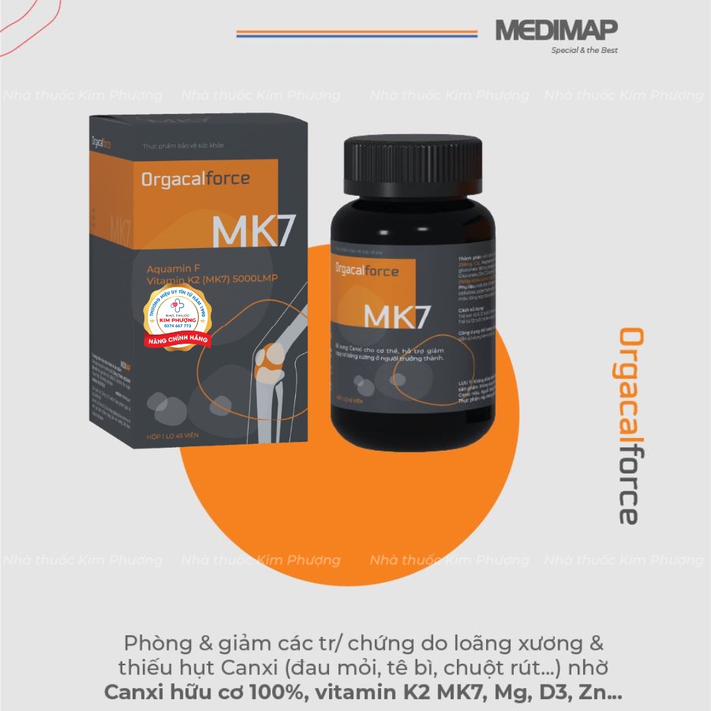 Canxi hữu cơ Orgacal forte Mk7-Aquamin F, ngừa loãng xương , hỗ trợ phát triển chiều cao Medimap lọ 45 viên Orgacalforte