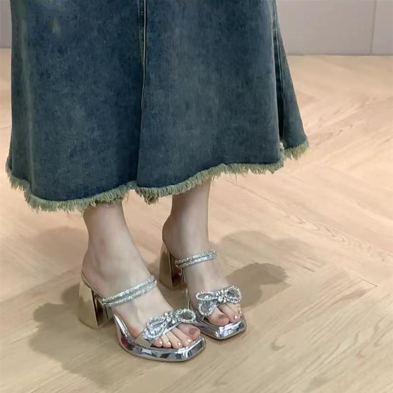Rhinestone sandals nữ 2023 phong cách mới mùa hè với váy kiểu pháp gót dày đẹp không thấm nước nền tảng cao gót hai-wear sandals