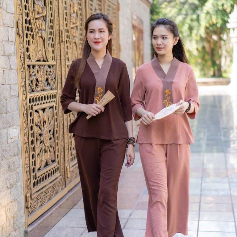 Pháp Phục Tín Như Viền Thêu Sen Vàng Vải Đũi  - Mẫu Đồ Lam Đi Chùa Cao Cấp