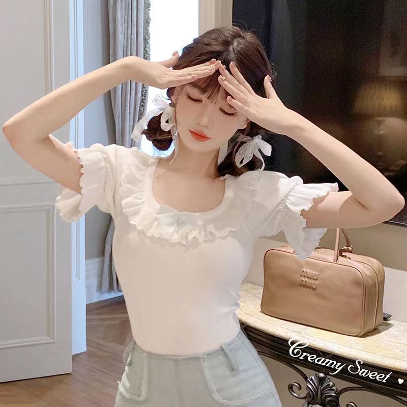 Pure cotton short-tay ngắn mùa hè phong cách mới t-shirt phụ nữ ren trim short top