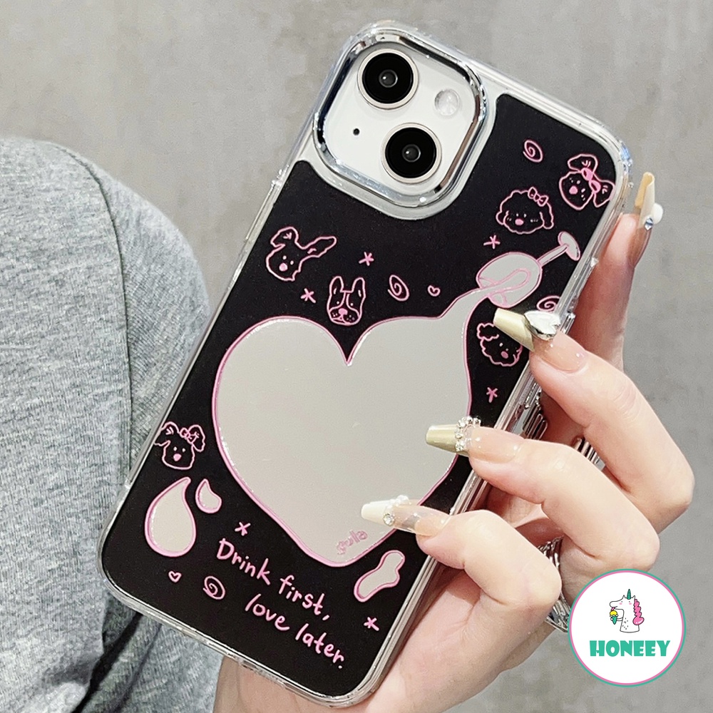 Ins black heart makeup mirror vỏ iphone 14 pro max electroplated phone case tương thích cho iphone 13 pro max iphone 12 pro max 11 pro max x xs xr bảo vệ Ốp điện thoại tpu mềm