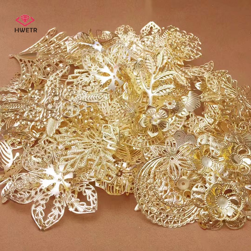 Hwetr 50g / lốc lá kim loại hỗn hợp filigree wraps kết nối mặt dây chuyền hạt mũ ch cho đồ trang sức tự làm đồ thủ công mới