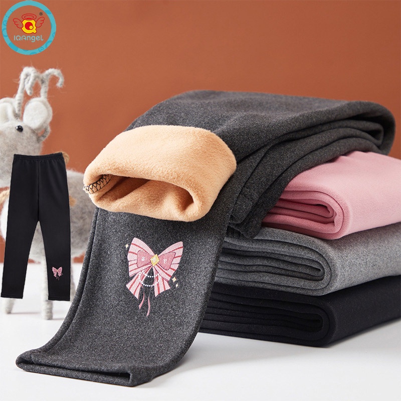 Quần leggings IQ ANGEL vải lông cừu họa tiết hoạt hình giữ ấm thời trang dành cho bé gái