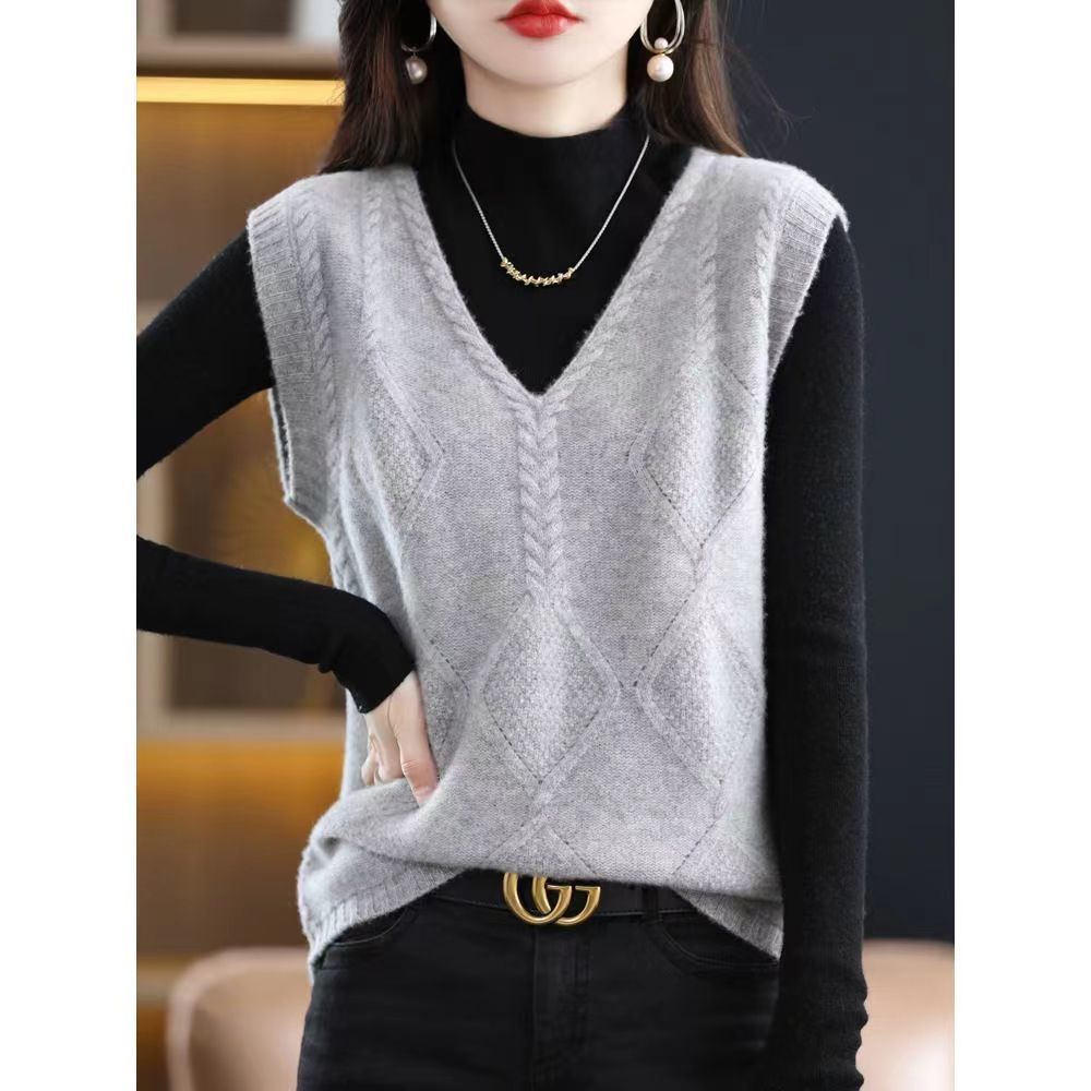 K dệt kim vest vest phụ nữ lỏng không tay áo len bên ngoài mùa thu phong cách mới lớp len ghi lê age-reducing ponyco