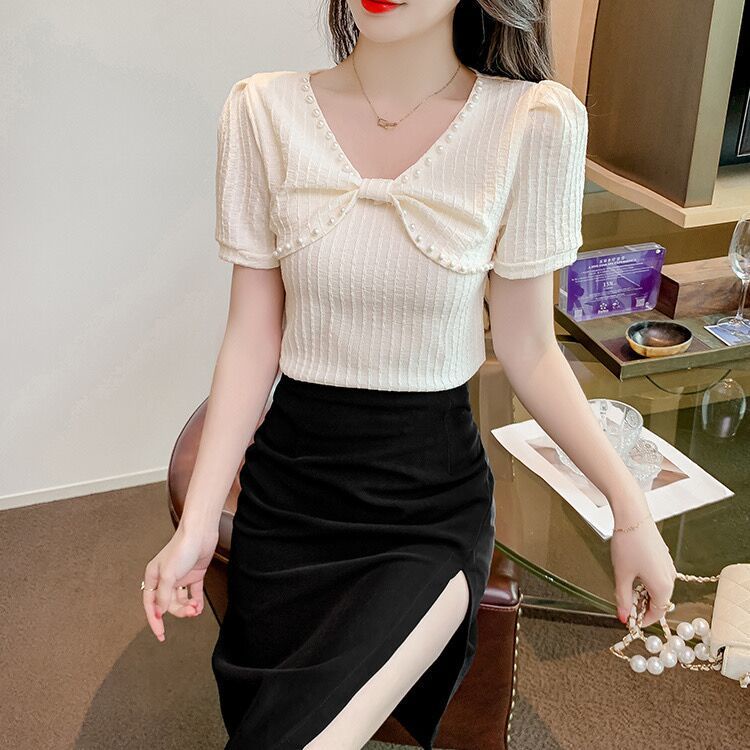 Áo Sơ Mi chiffon Tay Ngắn Phồng Cổ Chữ v Đính Hạt Thời Trang Mùa Hè Hàng Mới 2023 Dành Cho Bạn Nữ