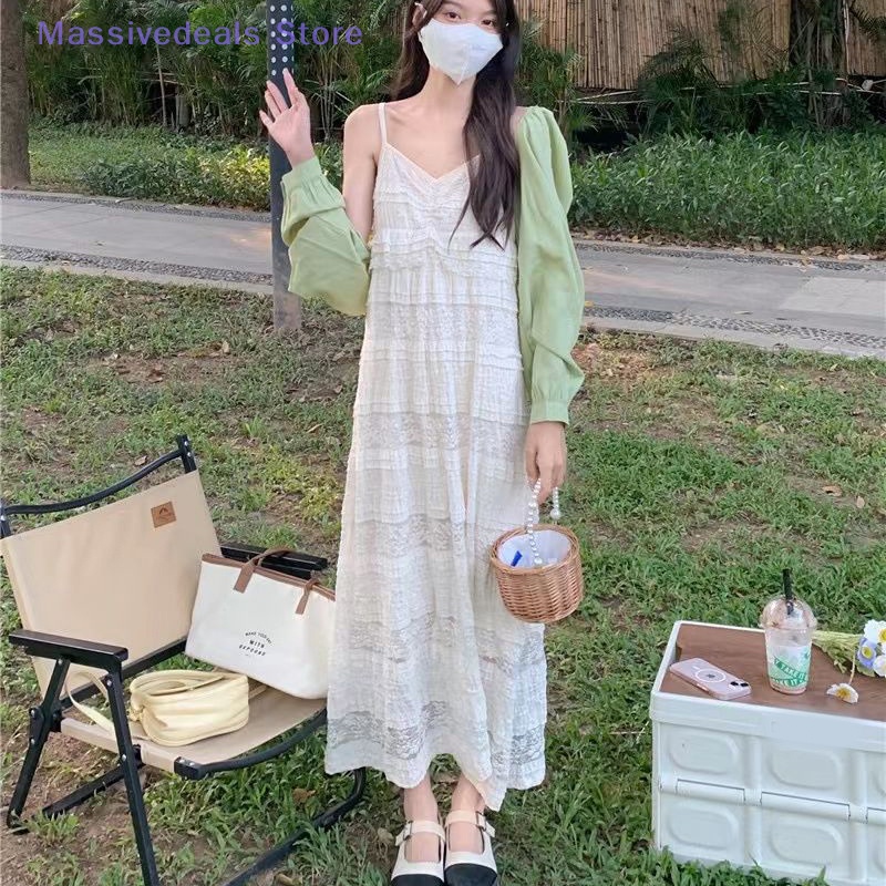 Massivedeals váy dây đeo mùa hè pháp thời trang đơn giản chắp vá váy dài ren mới