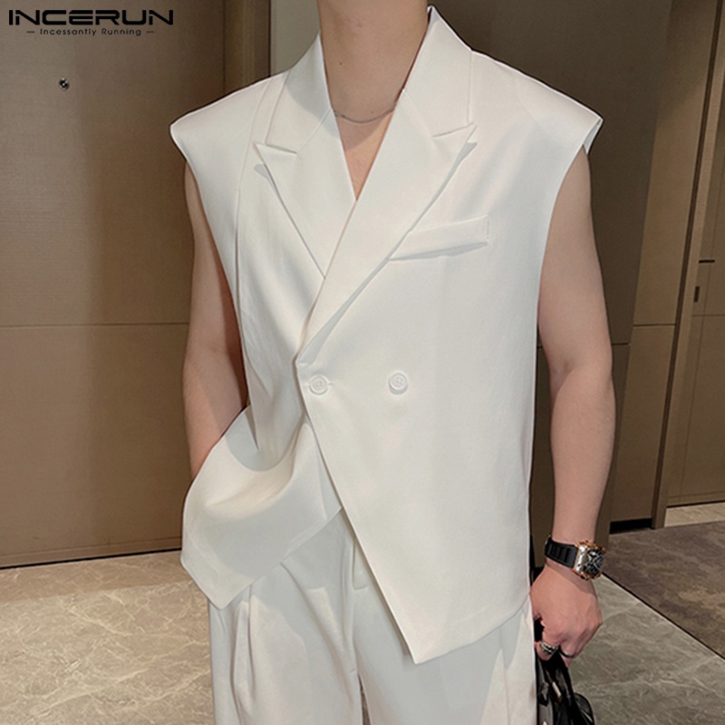 Áo ghi lê INCERUN không tay màu trơn phong cách Hàn Quốc thời trang dành cho nam
