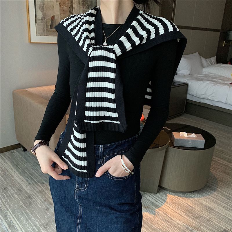 Khăn Choàng cotton Dệt Kim Kẻ Sọc Trắng Đen Nhỏ Dễ Phối Đồ Thời Trang Mùa Xuân Cho Nữ