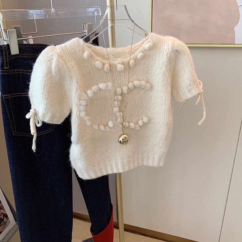 Puff sleeve knitted t-shirt ngắn tay hàng đầu phụ nữ áo len ngắn p4qb