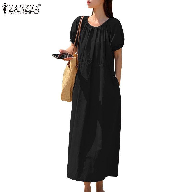 Đầm ZANZEA cổ tròn tay ngắn phối dây rút phong cách Hàn Quốc đơn giản dành cho nữ