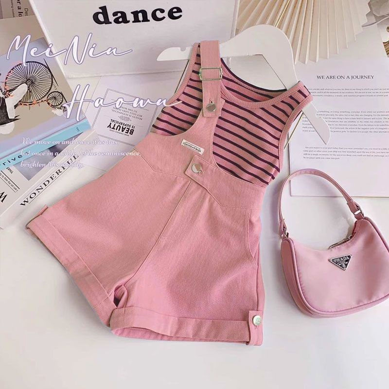 Set Áo Váy Kẻ Sọc Mùa Hè Cho Bé Gái 3-14 Tuổi Bé gái quần yếm mùa hè phù hợp với phong cách mỏng quần đùi 2023 phong cách