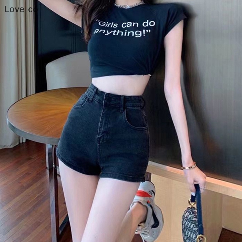 Love có quần short jean nữ mùa hè 2023 quần jean ngắn cạp cao mini hot cho quần short denim bó sát phụ nữ yêu