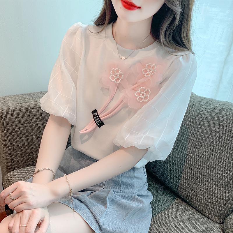 Heavy craft three-dimensional flower short-sleeved puff sleeve t-shirt nữ 2023 mùa hè phong cách mới sang trọng độc đáo áo pull mỏng hơn trông
