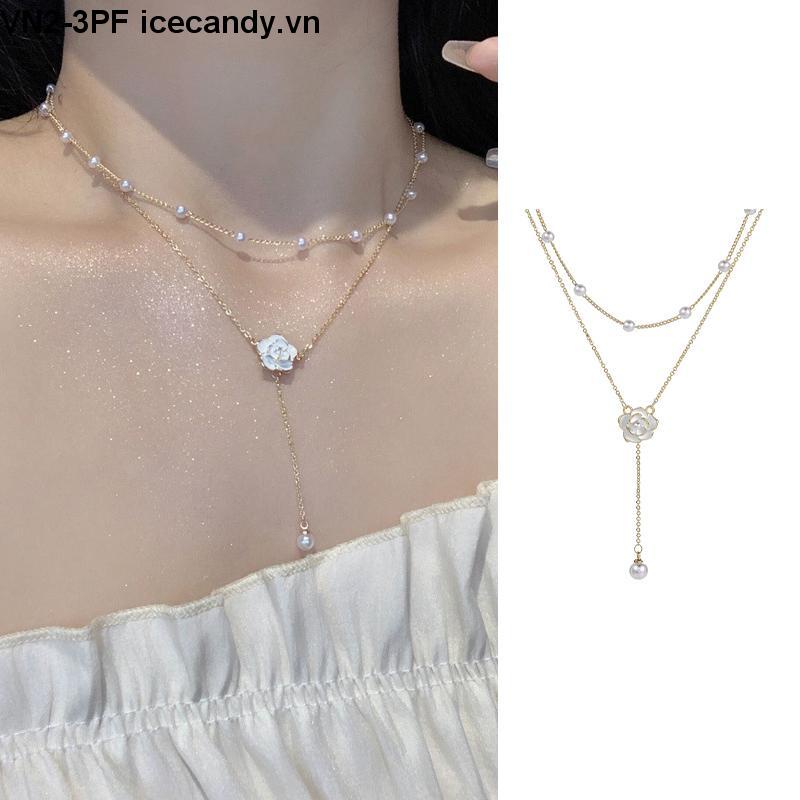🥟ice🥟vòng cổ nữ hai lớp hoa trà đính ngọc màu vàng cá tính