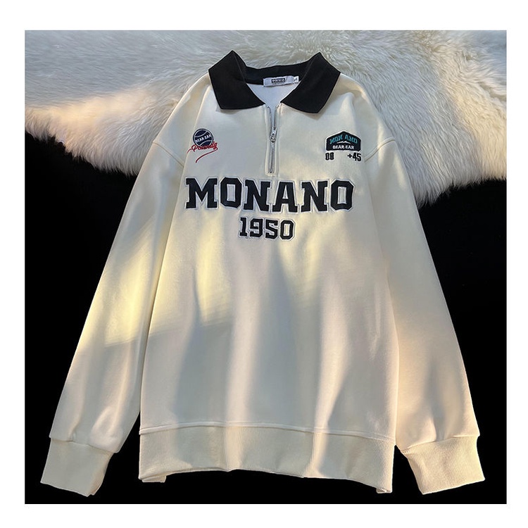 Xiang nian ni hong kong phong cách preppy phong cách polo cổ áo dây kéo dài tay áo len ve áo