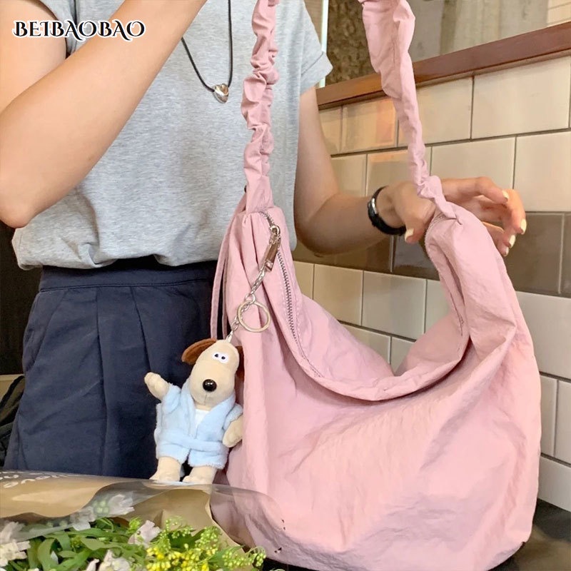 BEIBAOBAO Hàn Quốc Nữ Túi Dây Rút Dây Đeo Vai Công Suất Lớn Túi Vải Xếp Ly Thông Thường