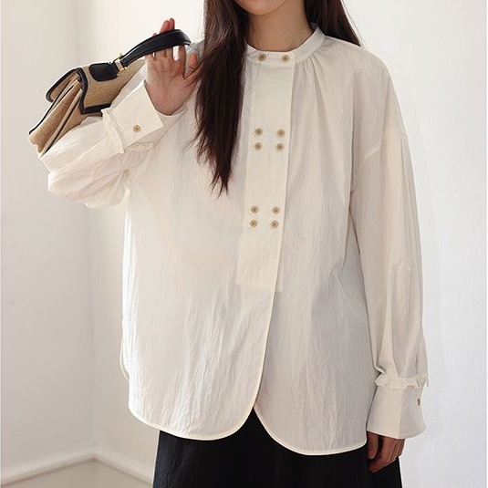 Usd ❤ Thời trang áo sơ mi đồng màu cổ tròn tay áo dài double-breasted nữ blouse