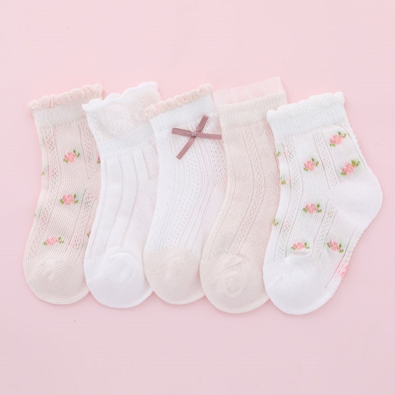 Set 5 Đôi Vớ cotton Xuân Hè In Họa Tiết Hoa Dễ Thương Cho Bé Gái