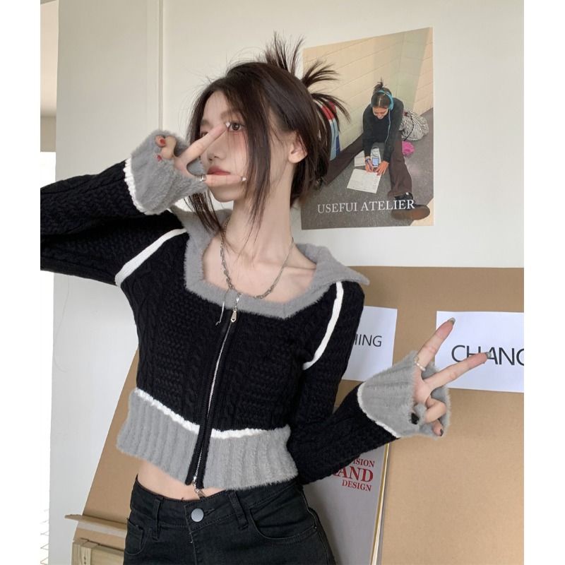 Áo len ngắn cardigan nữ mùa đông phong cách mới ins niche design sense phong cách hàn quốc dây kéo slim-fit black knit top