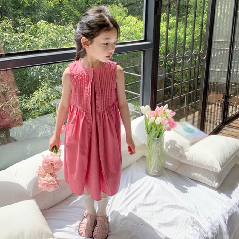 Trẻ em hàn quốc cô gái thường không tay xù váy đồng màu