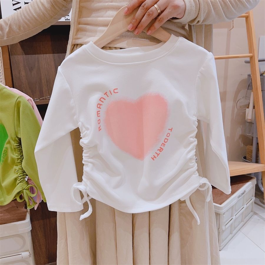 Áo Thun Tay Dài Mùa Thu 2023 Có Dây Rút In Họa Tiết Trái Tim Phong Cách Công Chúa Mới Cho Bé Gái
