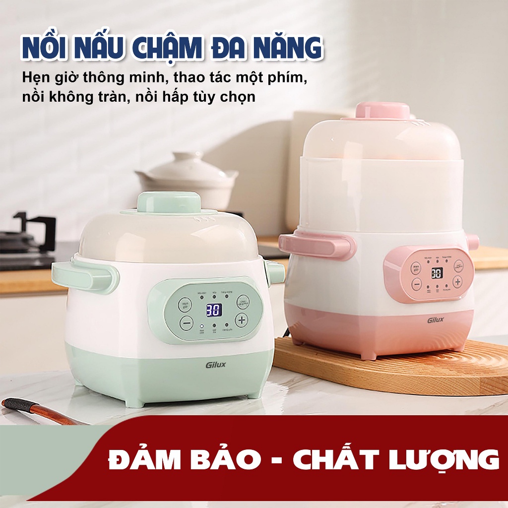 Nồi Nấu Cháo Chậm Gilux 1L bảo hành 12 tháng - 6 Chức Năng - Nấu Cháo - Chưng Yến - Hấp - Tráng Miệng - Hầm - Giữ ấm