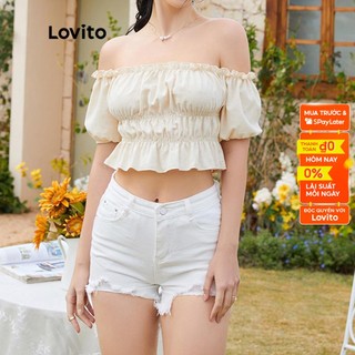 Áo kiểu Lovito xếp nếp tay phồng trễ vai màu trơn phong cách lãng mạn L12D14 (Màu be)