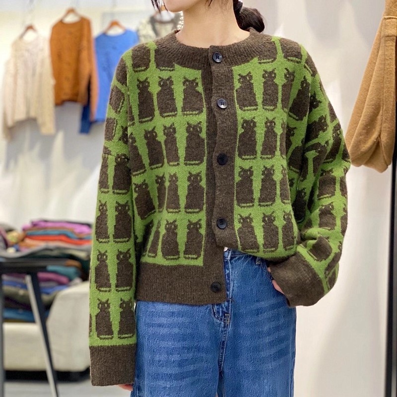 Liên Kết Với Nhau ❥ Áo Khoác cardigan Dệt Kim Tay Dài Dáng Rộng In Hình Mèo Phong Cách Retro