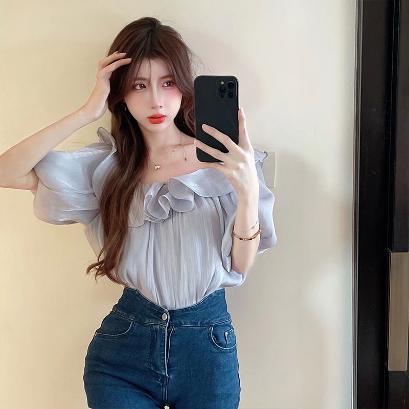 LIVE GREAT  Áo Sơ Mi chiffon Trễ Vai Viền Bèo Thời Trang Mùa Hè Cho Nữ