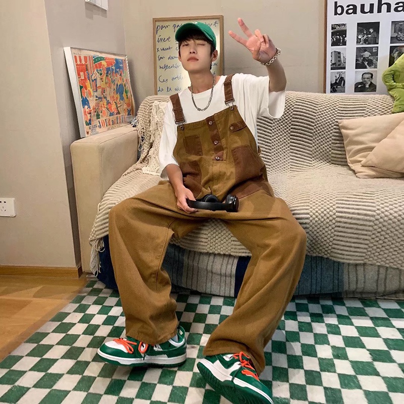 Kyushuad | Quần Yếm Denim Dáng Rộng Phong Cách retro Mỹ Thời Trang Xuân Thu Cho Nam