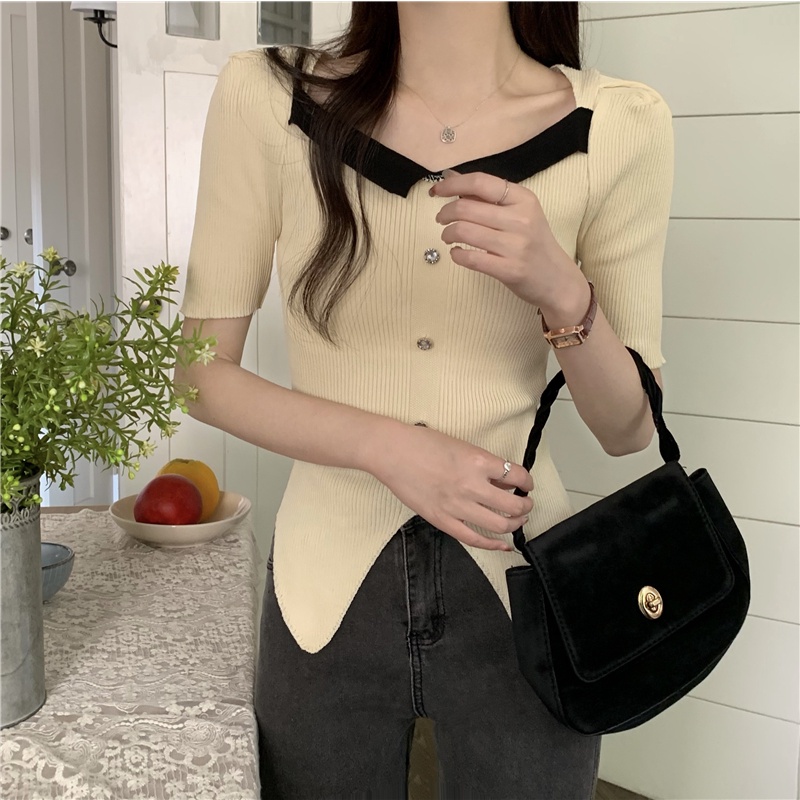 Áo Thun Dệt Kim Cổ Vuông Nhỏ Xẻ Tà Ôm Dáng Phong Cách Mùa Hè Mới Cho Nữ