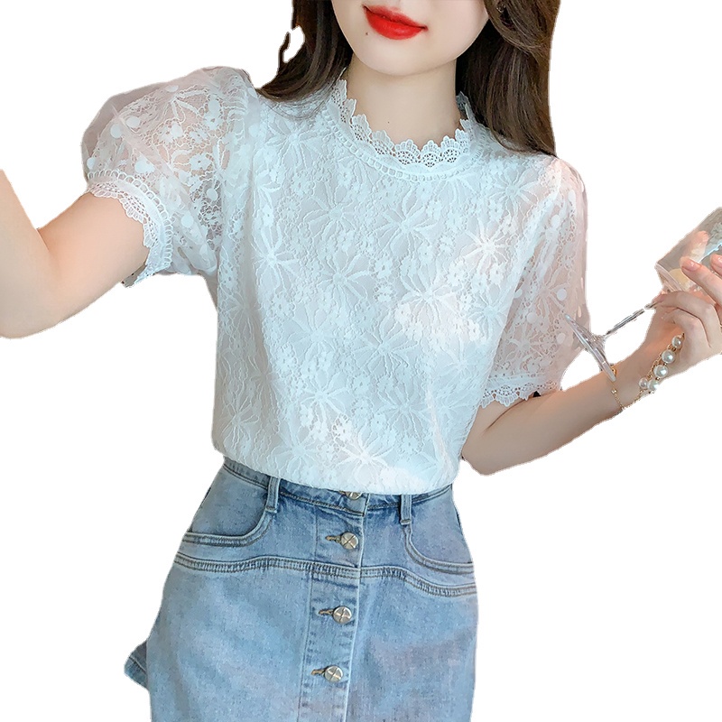 Áo Sơ Mi Ren Tay Ngắn Phồng Ôm Dáng Mẫu Mới 2023 Thời Trang Mùa Hè Cho Nữ