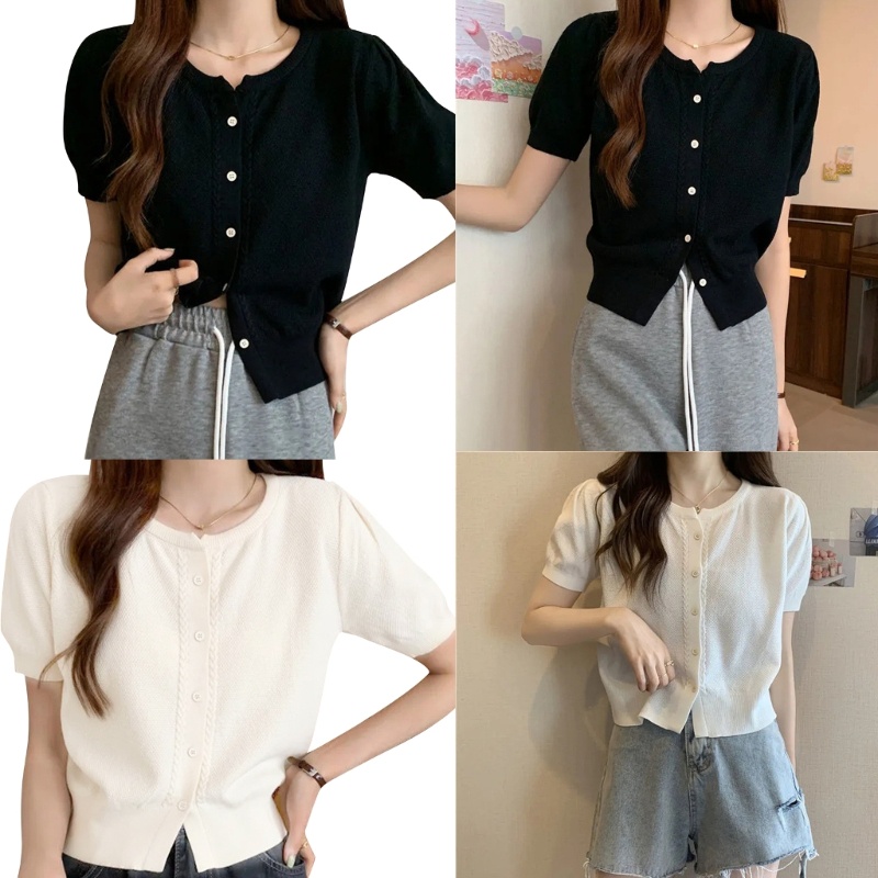 Áo Cardigan Dệt Kim Tay Ngắn Cổ Tròn Mềm Mại Màu Trơn Dành Cho Nữ