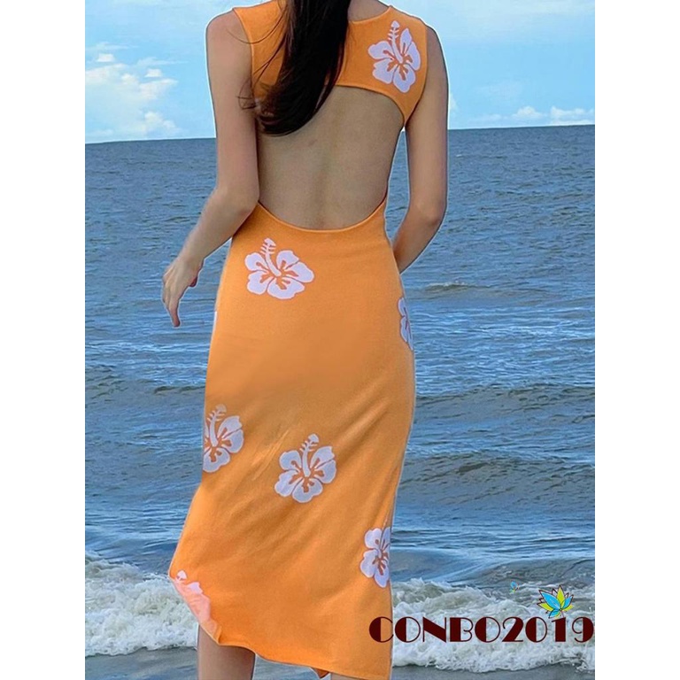 Đầm Dệt Kim Sát Nách Cổ Vuông Hở Lưng Xẻ Tà Họa Tiết Hoa Thời Trang Mùa Hè Cho Nữ
