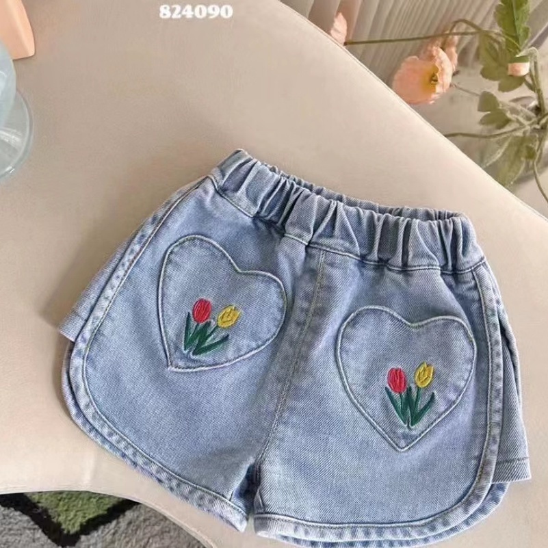 Quần Short Denim Thêu Hình Hoa Tulip Phong Cách Hàn Quốc Thời Trang Mùa Hè Mới Cho Bé Gái