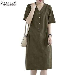 Đầm ZANZEA ngắn tay cổ chữ V có túi thời trang dành cho nữ