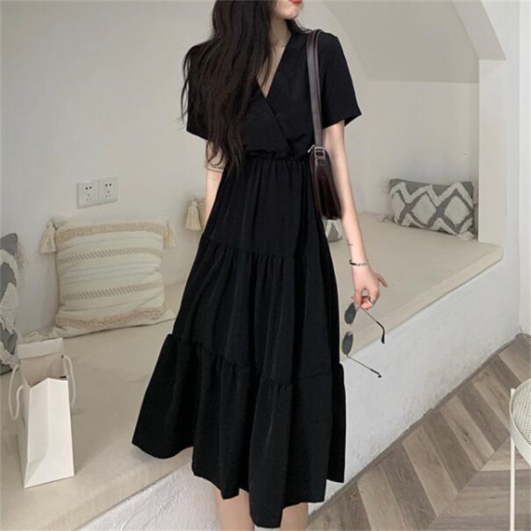 IELGY  Đầm Dài Cổ Chữ v Màu Đen Phong Cách Pháp Thời Trang Cho Nữ