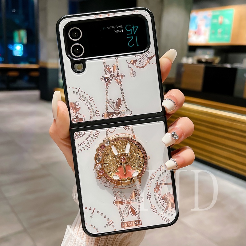 Ốp Điện Thoại Chống Sốc Có Vòng Đỡ Hình Thỏ Đính Đá Cho Samsung Z Flip4 Flip3