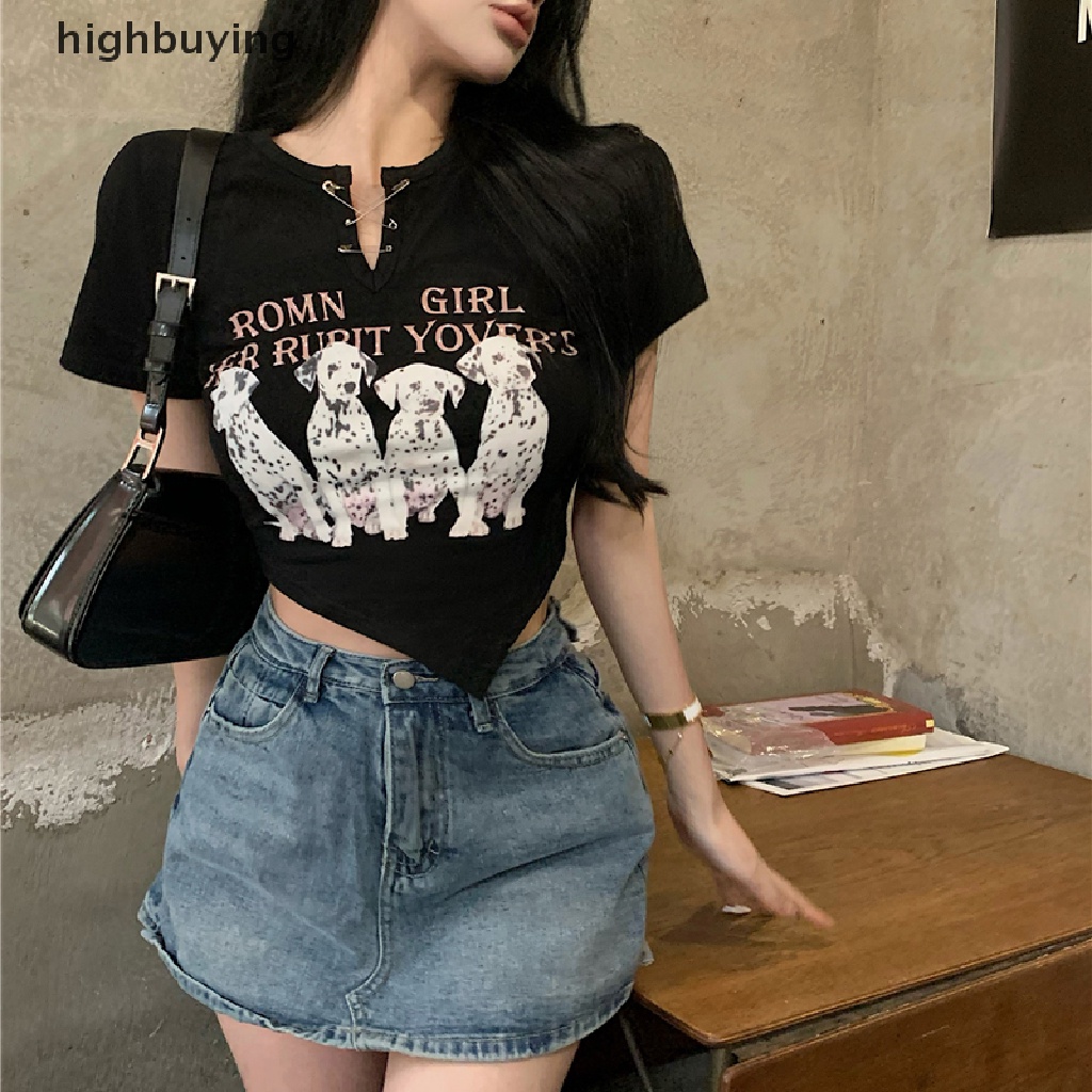 Áo Thun Lửng Ngắn Tay Cổ Chữ V In Họa Tiết Hoạt Hình Phong Cách Retro Dành Cho Nữ