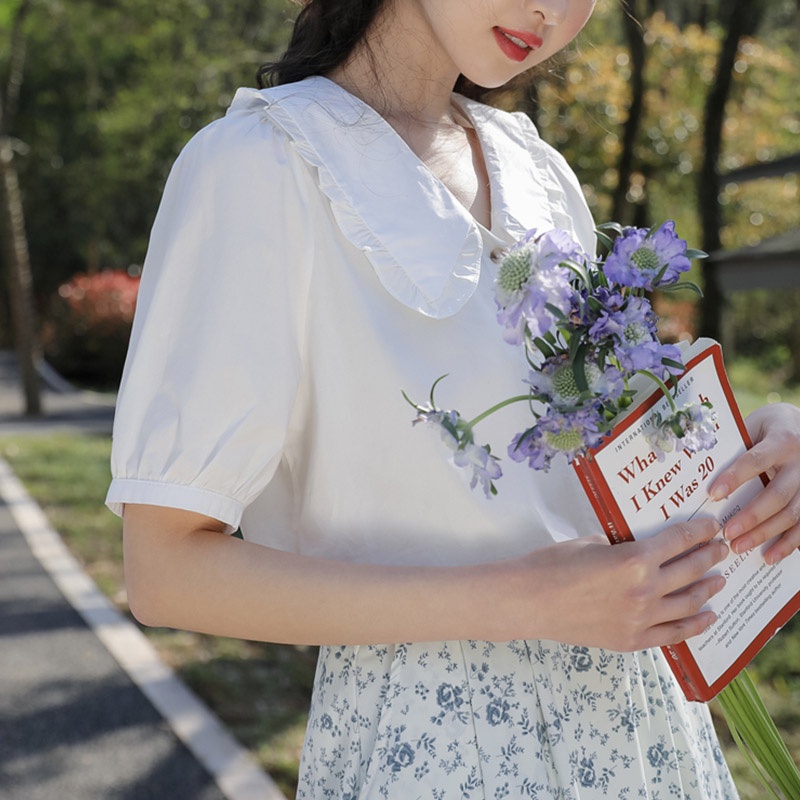 SUXI Áo Sơ Mi Trắng Tay Ngắn Cổ Búp Bê Phong Cách Hàn Quốc Ngọt Ngào Cho Nữ