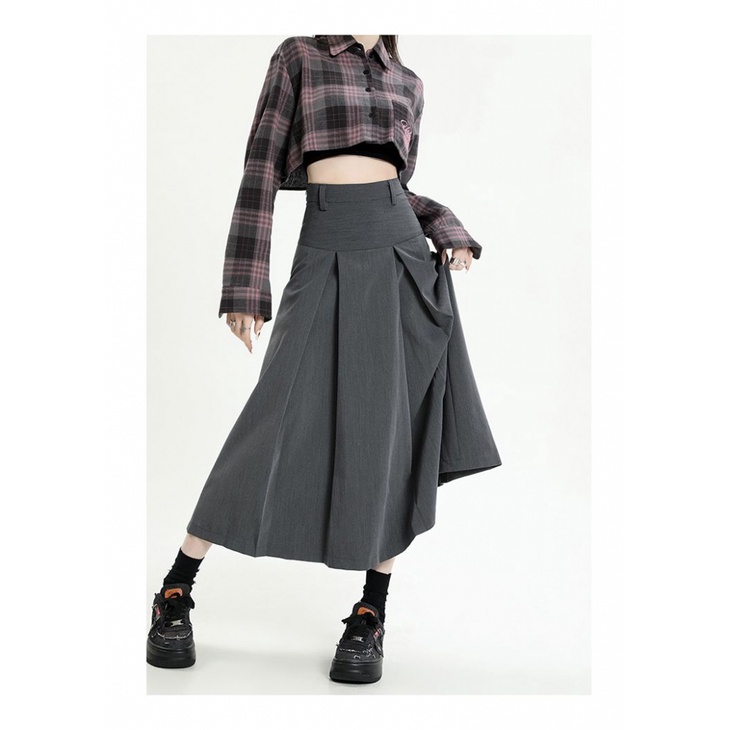 Chân Váy Xòe Chữ A Lưng Cao Màu Xám Phong Cách Preppy Mẫu Mới 2023