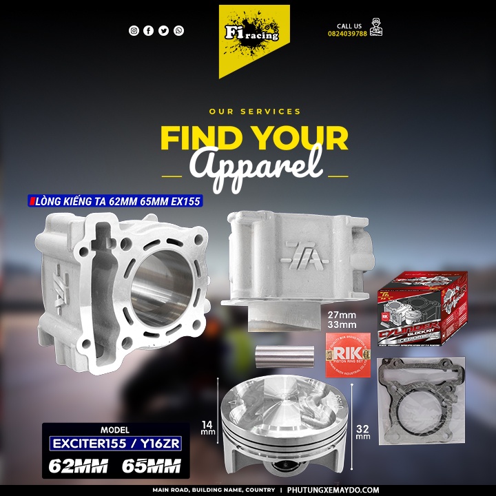 LÒNG KIẾNG TA RACING EXCITER 155 / Y16ZR 62- 65MM / CHÂN 33 (1 COMBO)
