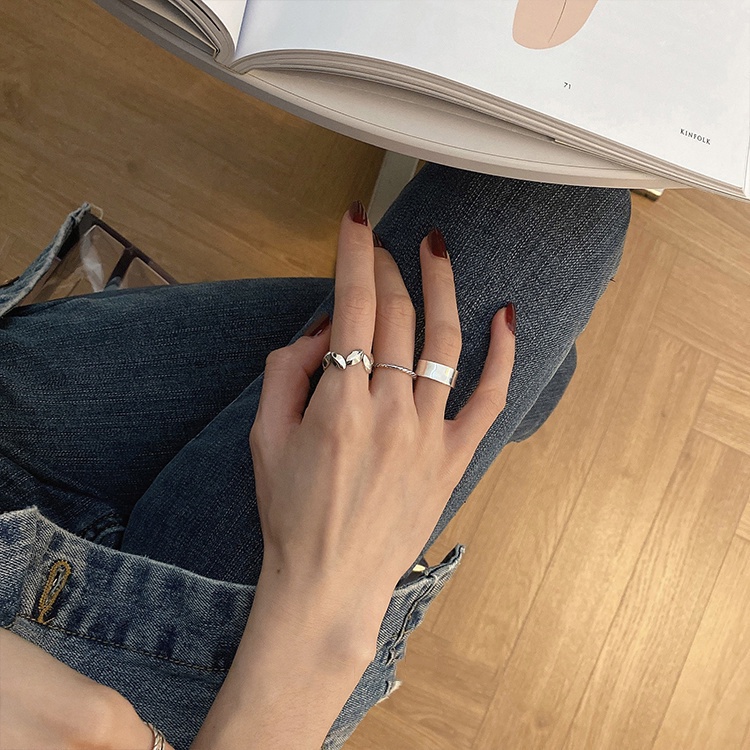 Nhẫn Hở Mạ Bạc 925 Hình Chiếc Lá Không Phai Màu Thiết Kế Đơn Giản Cho Nữ