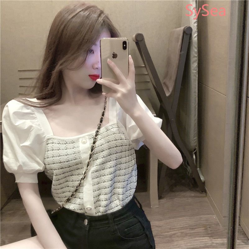 Áo Dệt Kim Tay Phồng Cổ Vuông Thời Trang Pháp Cho Nữ