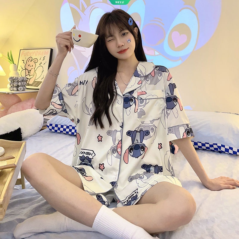 Bộ Đồ Ngủ Ngắn Tay Họa Tiết Stitch Hoạt Hình Đơn Giản Thoải Mái Cho Nữ