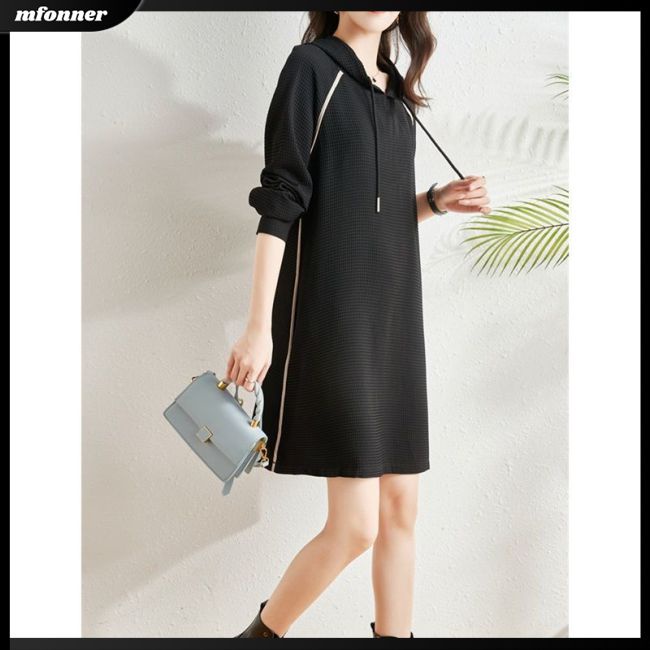 Đầm Hoodie Tay Dài Dáng Rộng Phối Dây Rút Thời Trang Cho Nữ