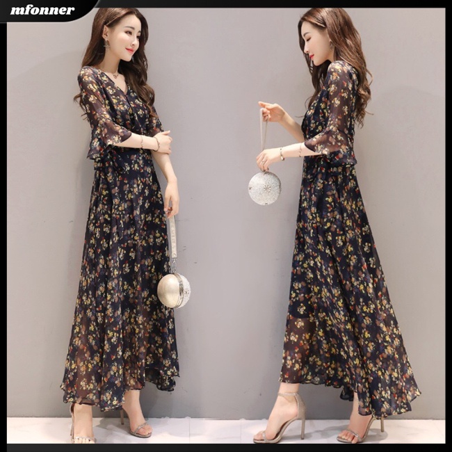 Đầm Dài Tay Loe In Họa Tiết Hoa Trang Nhã Dành Cho Nữ