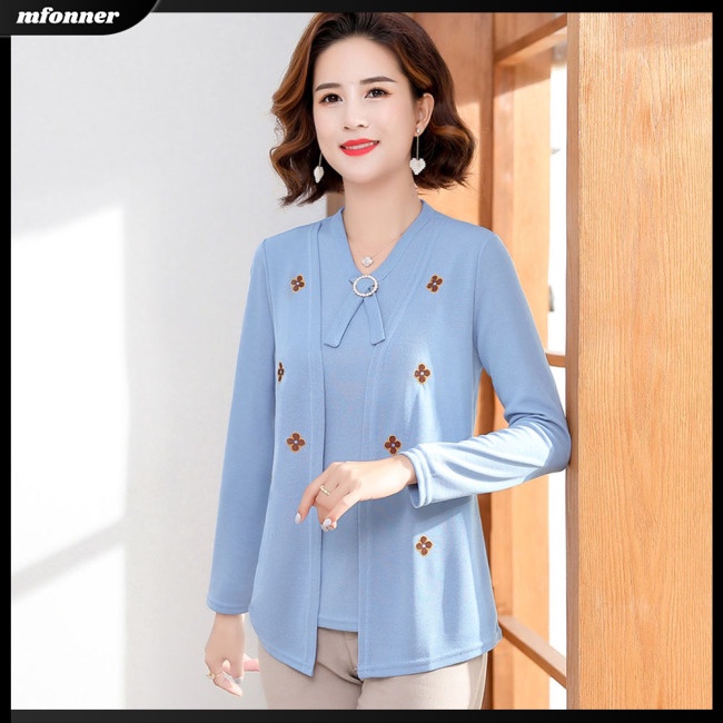 Áo Sweater Giả Hai Lớp Dáng Rộng Tay Dài In Hình Cây Cối Màu Trơn Thời Trang Cho Nữ