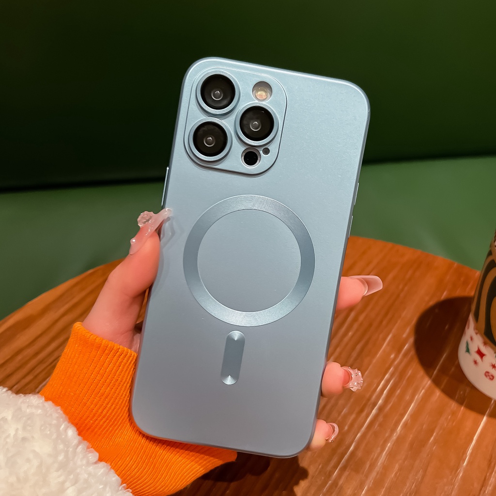 Ốp Điện Thoại Silicon Mạ Màu Ánh Kim Kèm Khung Bảo Vệ Ống Kính Máy Ảnh Cho iPhone 14 Plus 13 Pro max Mac Mag