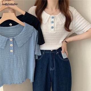 SUGEMIUSI Hàng Mới Về Mới Áo Sơ Mi Chiffon Tay Ngắn Cổ Búp Bê Phong Cách Hàn Quốc Thời Trang Mùa Hè Cho Nữ